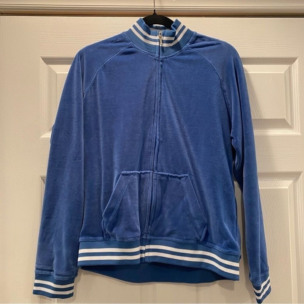 Humility Y2K Style Retro Blue Velour‎ Track Jacket Varsity Stripe Bomber Zip XL